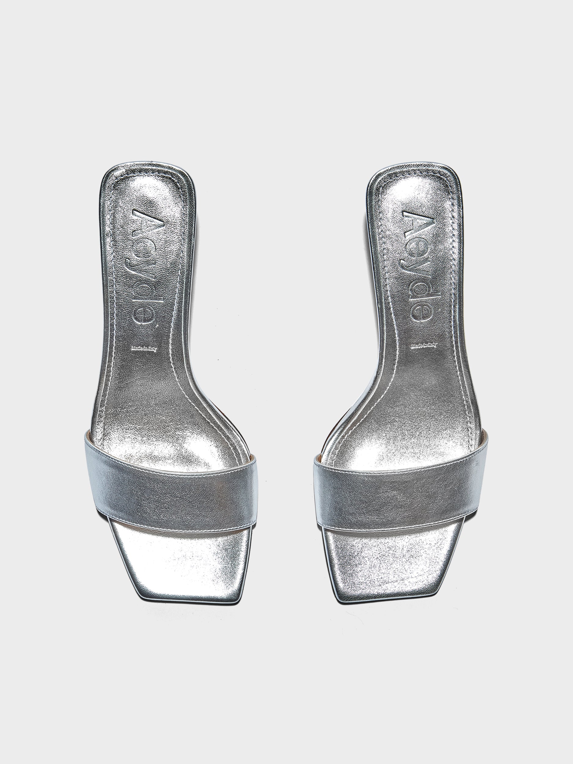 Aeyde | Gilly Leather Heeled Sandals for Women | Silver Nappa | Square Toe | Mid Heel | Front View