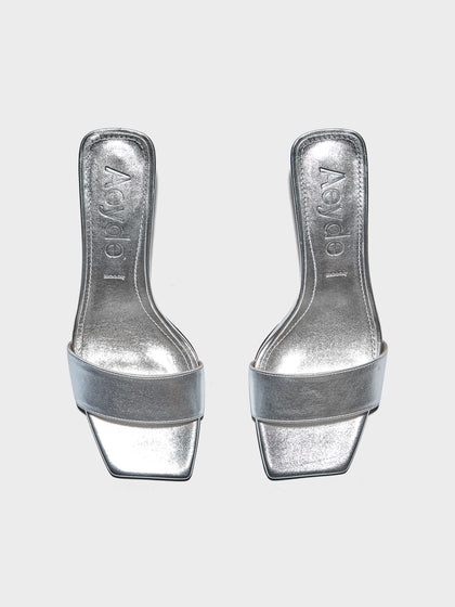 Aeyde | Gilly Leather Heeled Sandals for Women | Silver Nappa | Square Toe | Mid Heel | Front View