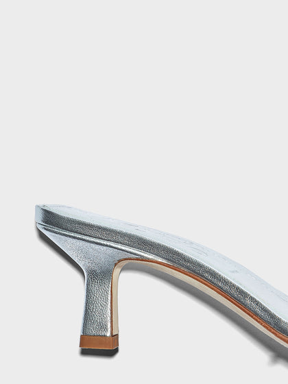 Aeyde | Gilly Leather Heeled Sandals for Women | Silver Nappa | Square Toe | Mid Heel | Heel Details