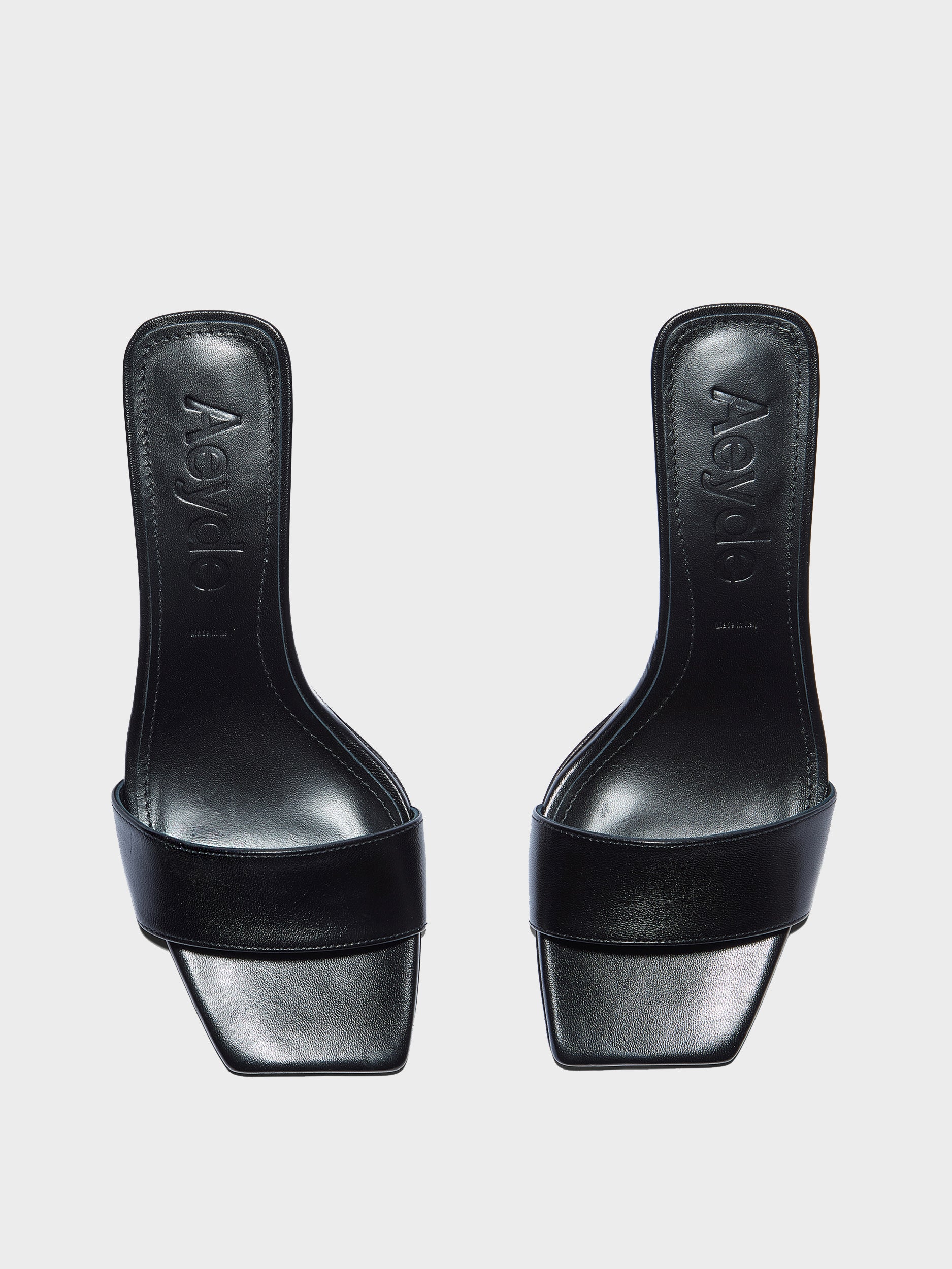 Aeyde | Gilly Leather Heeled Sandals for Women | Black Nappa | Square Toe | Mid Heel | Front View