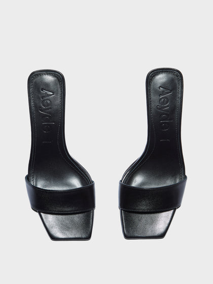 Aeyde | Gilly Leather Heeled Sandals for Women | Black Nappa | Square Toe | Mid Heel | Front View