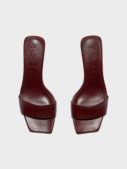 Aeyde | Gilly Leather Heeled Sandals for Women | Port Nappa | Square Toe | Mid Heel | Front View