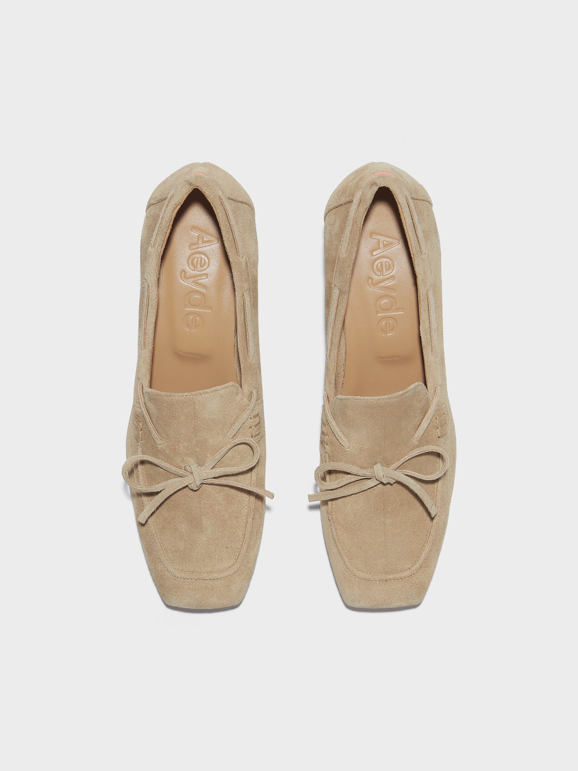 Aeyde | Grenn Leather Pumps, Loafers for Women | Sand Suede | Square Toe | Low Heel | Front View