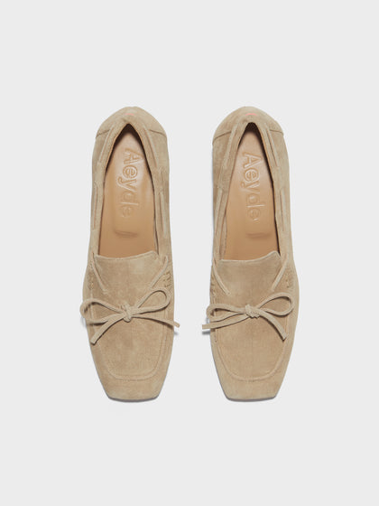 Aeyde | Grenn Leather Pumps, Loafers for Women | Sand Suede | Square Toe | Low Heel | Front View