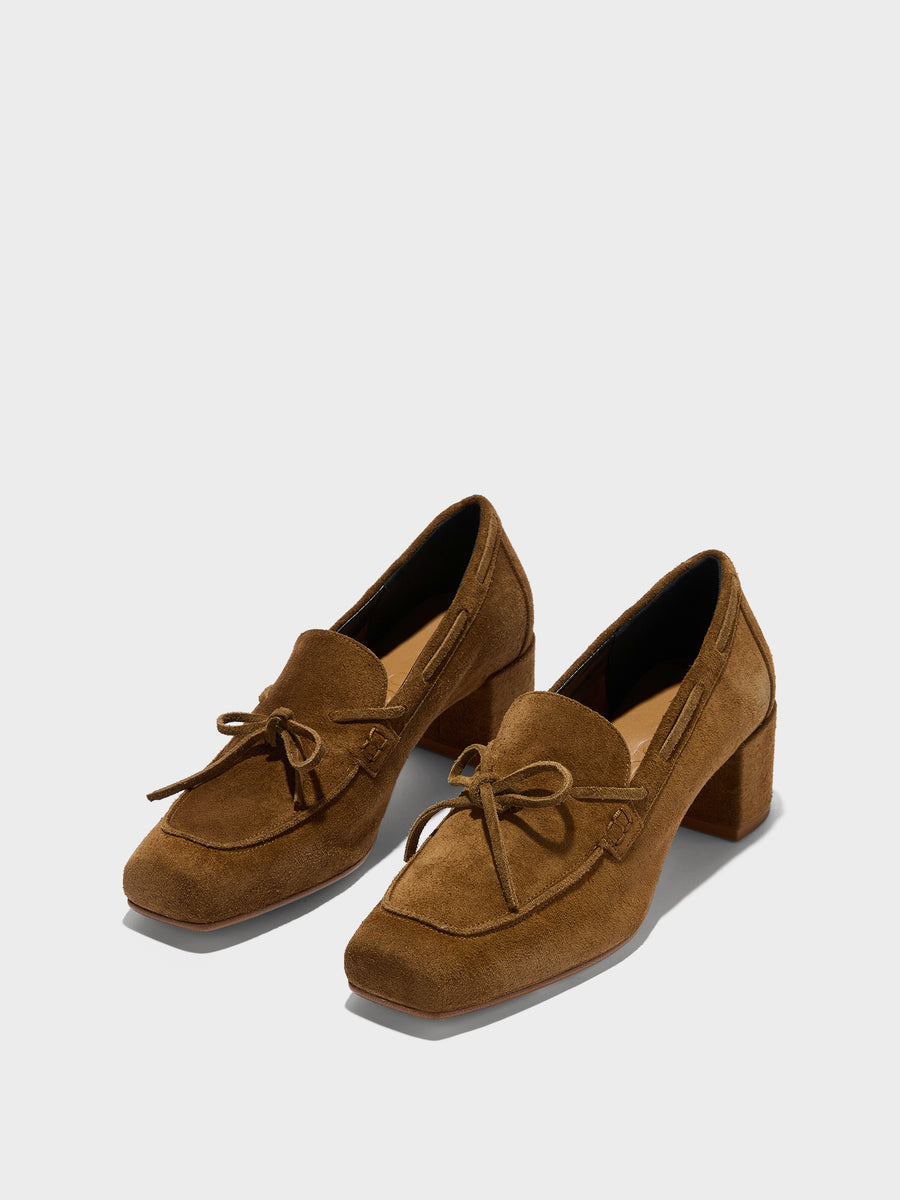 Aeyde | Grenn Leather Pumps for Women | Tobacco Suede | Square Toe | Low Heel | Luxury Materials | Handmade in Italy