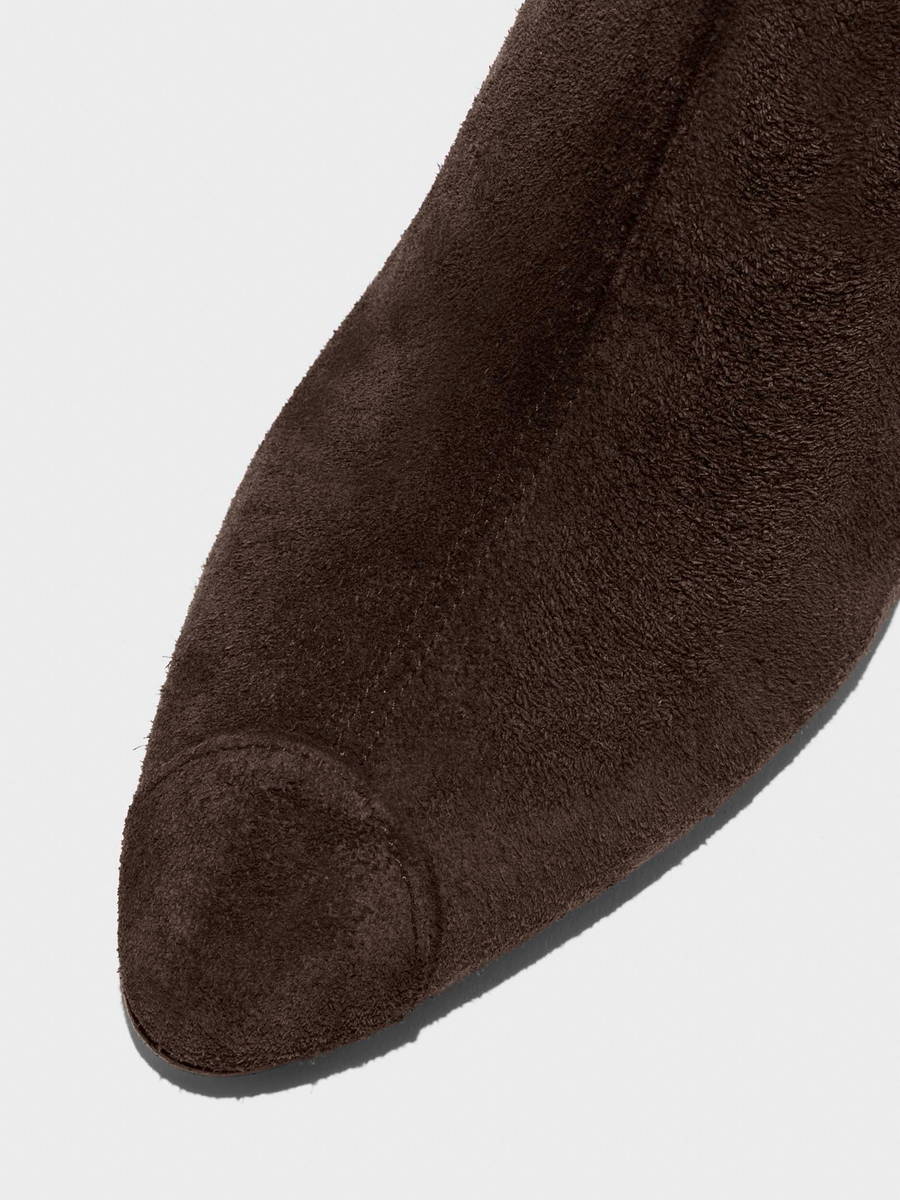 Aeyde | Hana Cap Leather Knee High Boots for Women | Moka Suede | Round Toe | Mid Heel | Front View
