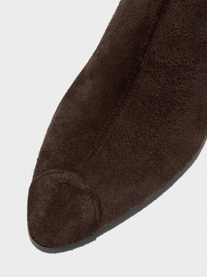 Aeyde | Hana Cap Leather Knee High Boots for Women | Moka Suede | Round Toe | Mid Heel | Front View