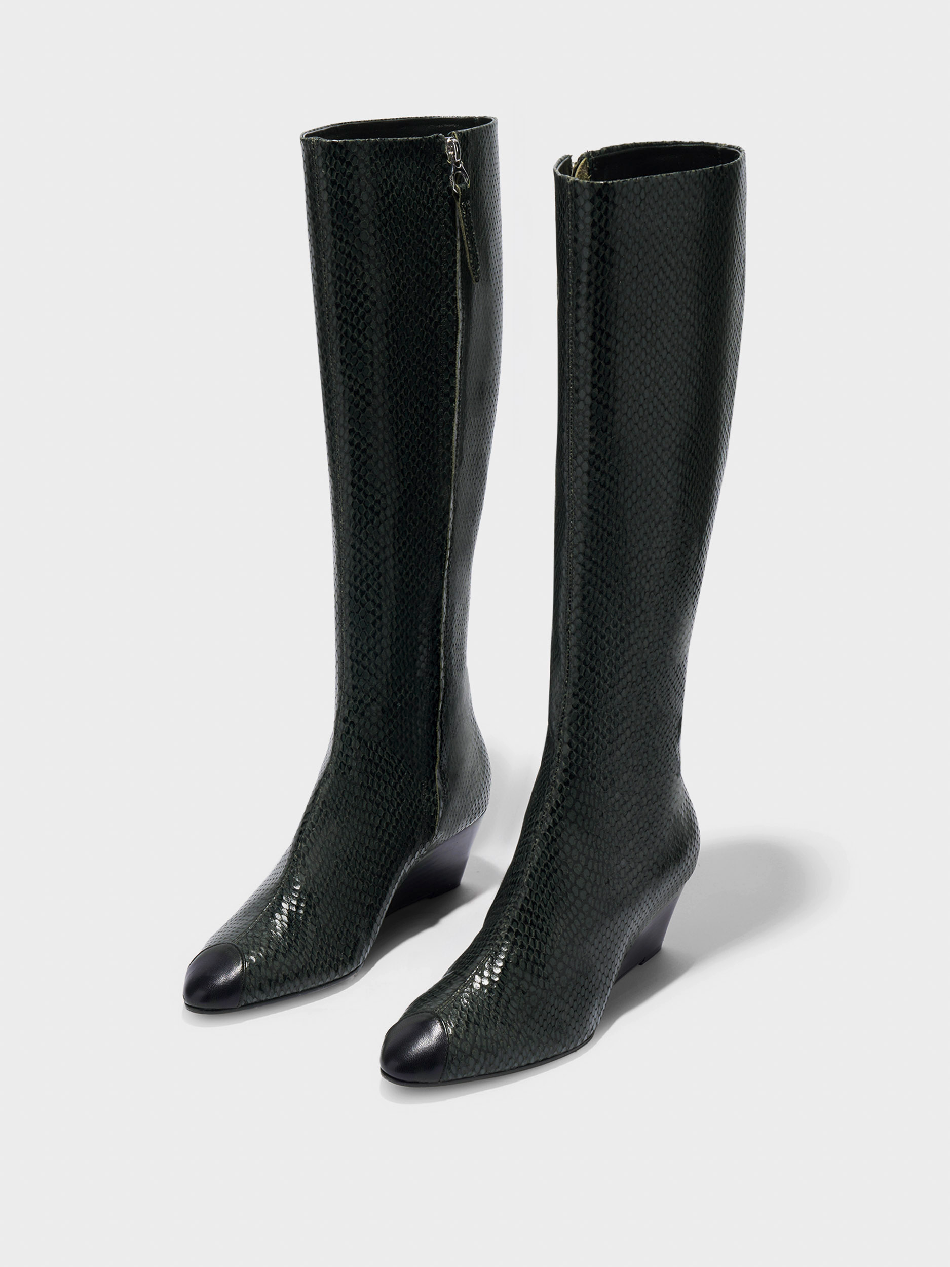 Aeyde | Hana Cap Leather Knee High Boots for Women | Moss/Black Mini Snake/Nappa | Round Toe | Mid Heel | Luxury Materials | Handmade in Italy