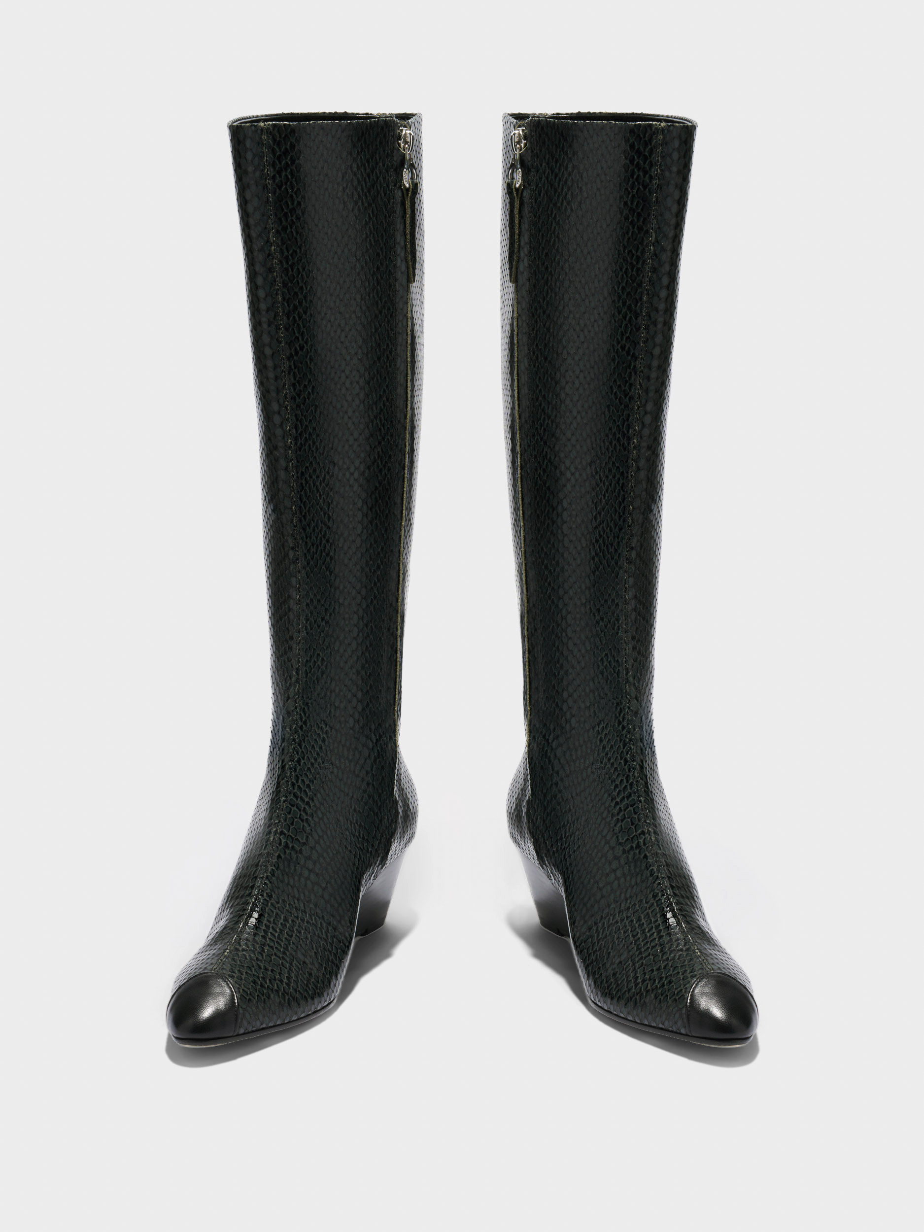 Aeyde | Hana Cap Leather Knee High Boots for Women | Moss/Black Mini Snake/Nappa | Round Toe | Mid Heel | Front View
