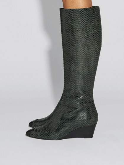 Aeyde | Hana Cap Leather Knee High Boots for Women | Moss/Black Mini Snake/Nappa | Round Toe | Mid Heel | How to Style
