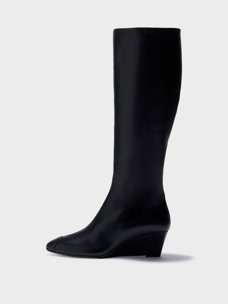 Aeyde | Hana Cap Leather Knee High Boots for Women | Black Nappa | Round Toe | Mid Heel | Side View