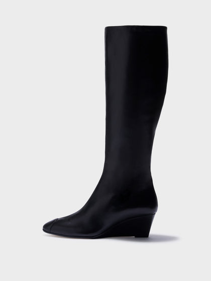 Aeyde | Hana Cap Leather Knee High Boots for Women | Black Nappa | Round Toe | Mid Heel | Side View