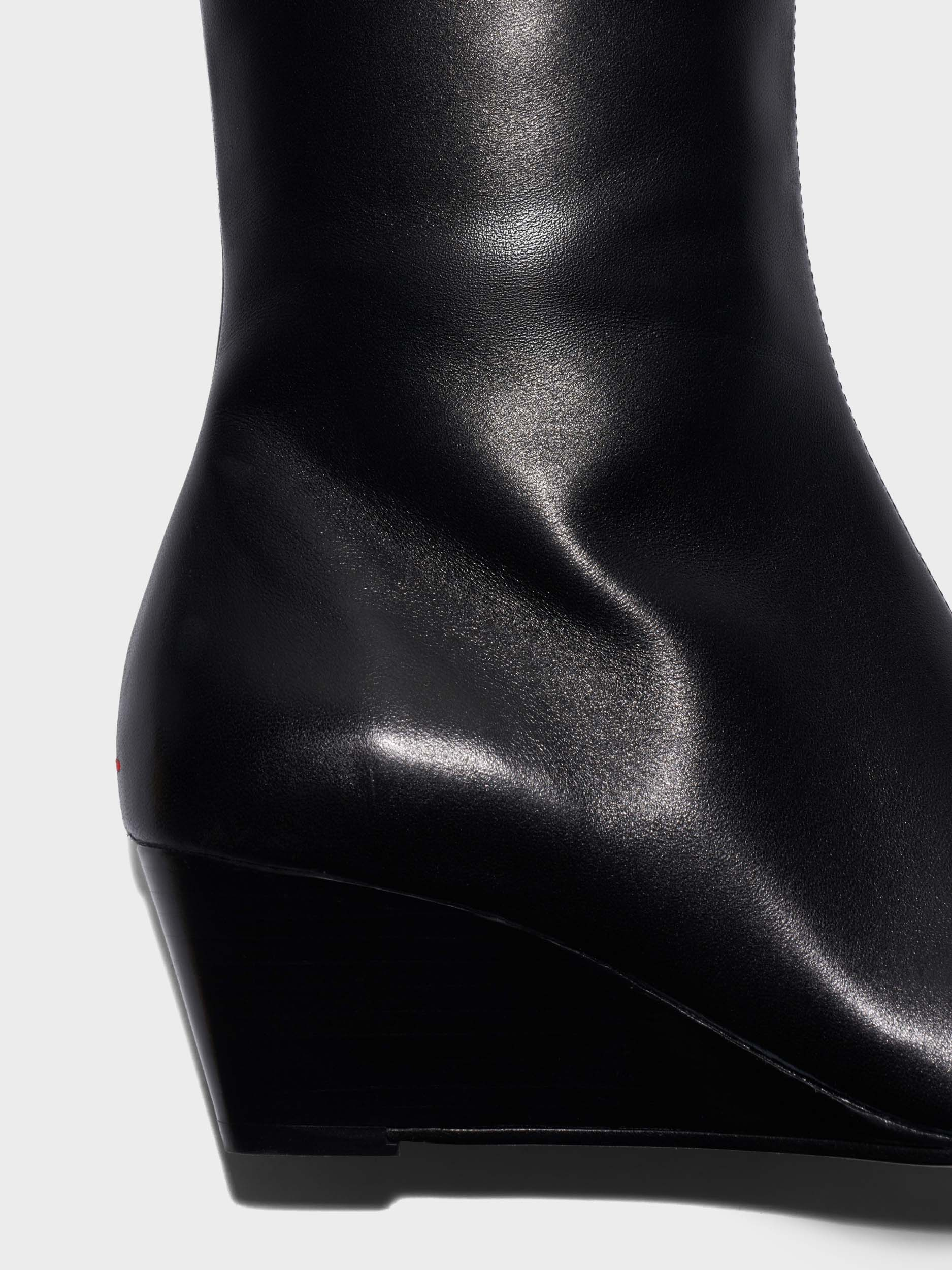 Aeyde | Hana Cap Leather Knee High Boots for Women | Black Nappa | Round Toe | Mid Heel | Front View