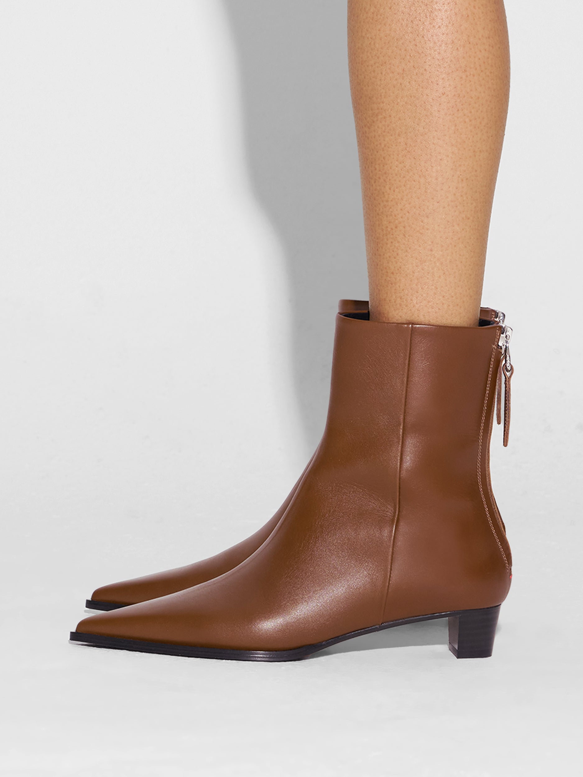 Aeyde | Harriet Leather Ankle Boots for Women | Tobacco Calf | Pointed Toe | Low Heel | How to Style