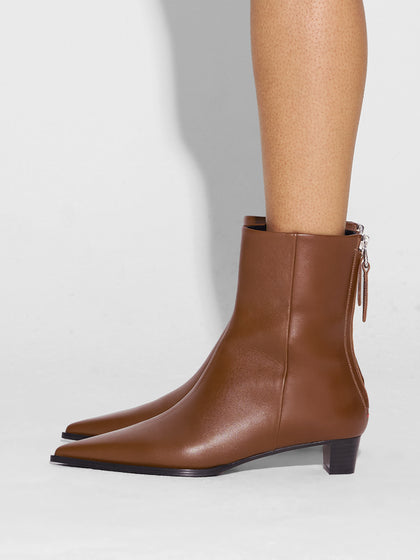 Aeyde | Harriet Leather Ankle Boots for Women | Tobacco Calf | Pointed Toe | Low Heel | How to Style