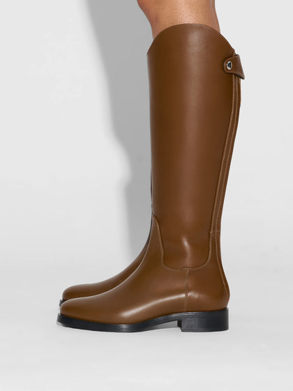 Aeyde | Hector Leather Knee High Boots for Women | Tobacco Calf | Round Toe | Flat Heel | How to Style