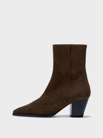 Aeyde | Hedvig Cowboy Ankle Boots Leather Ankle Boots for Women | Moka Suede | Square Toe | High Heel | Side View
