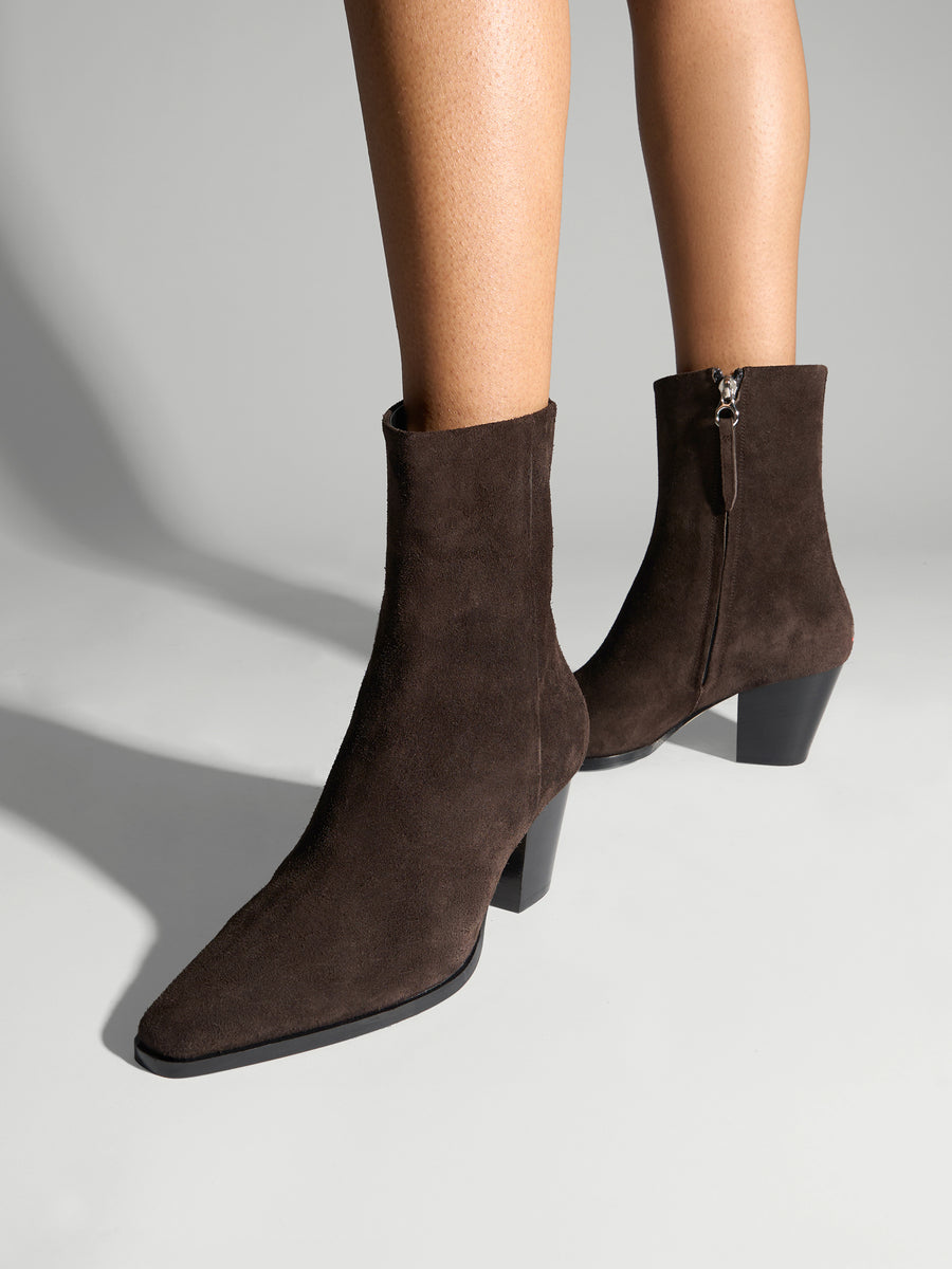 Aeyde | Hedvig Cowboy Ankle Boots Leather Ankle Boots for Women | Moka Suede | Square Toe | High Heel | On Feet