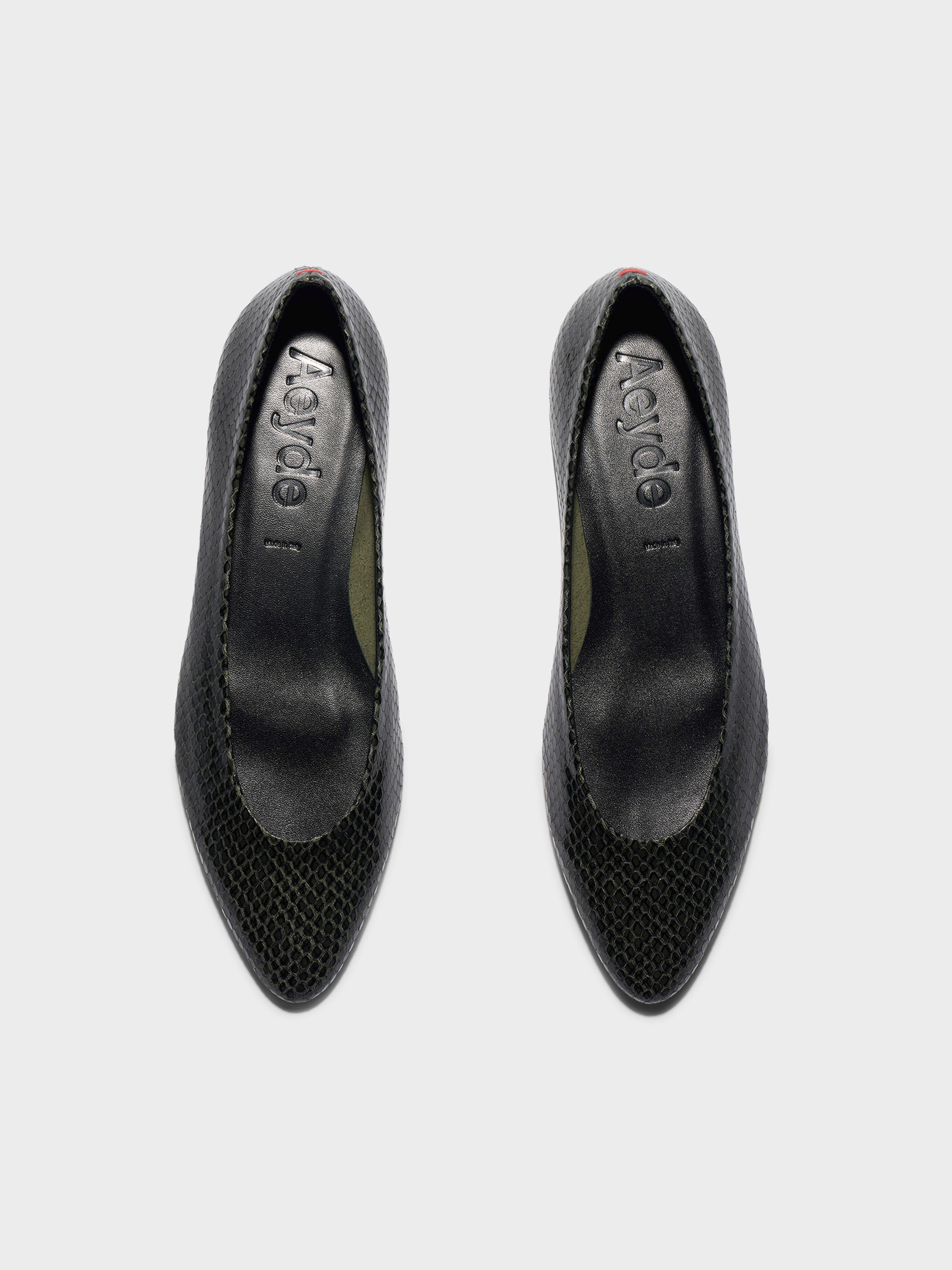Aeyde | Helia Low-Cut Pumps Leather Pumps for Women | Moss Mini snake | Round Toe | Low Heel | Front View