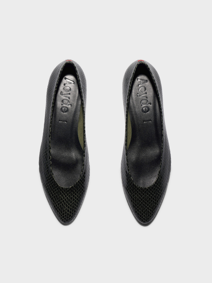 Aeyde | Helia Low-Cut Pumps Leather Pumps for Women | Moss Mini snake | Round Toe | Low Heel | Front View