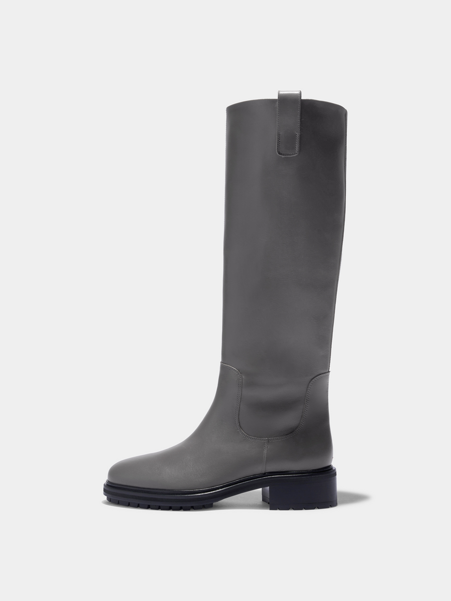 Aeyde | Henry Knee-High Boots Leather Knee High Boots for Women | Taupe Calf | Round Toe | Low Heel | Side View