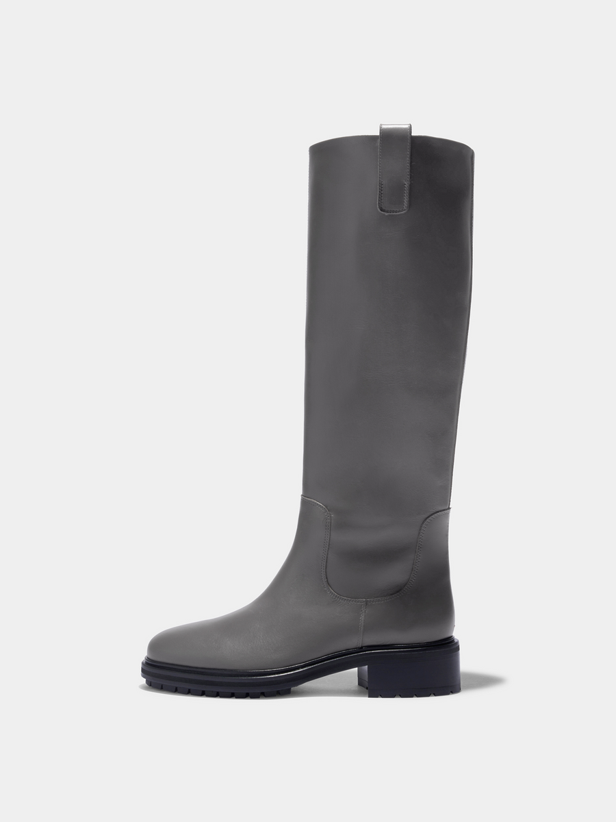 Aeyde | Henry Knee-High Boots Leather Knee High Boots for Women | Taupe Calf | Round Toe | Low Heel | Side View