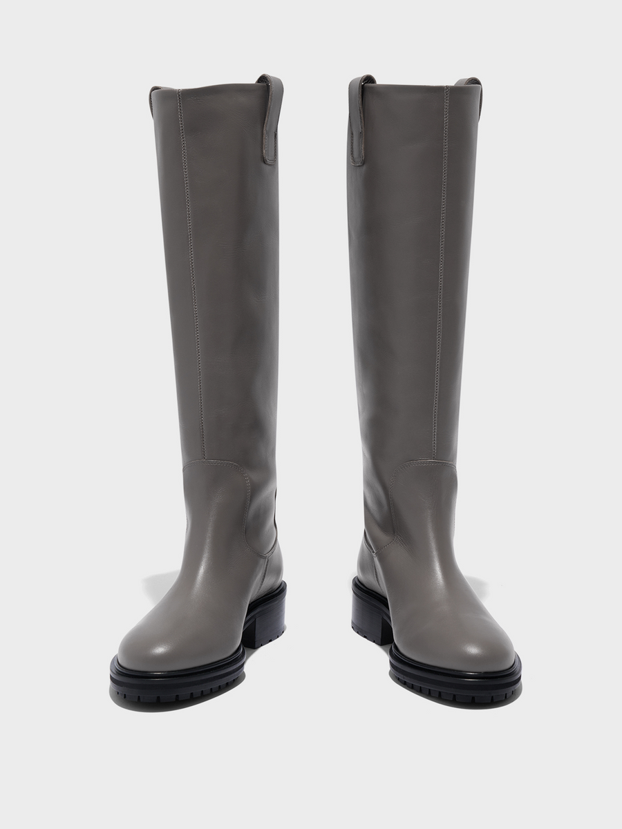 Aeyde | Henry Knee-High Boots Leather Knee High Boots for Women | Taupe Calf | Round Toe | Low Heel | Front View