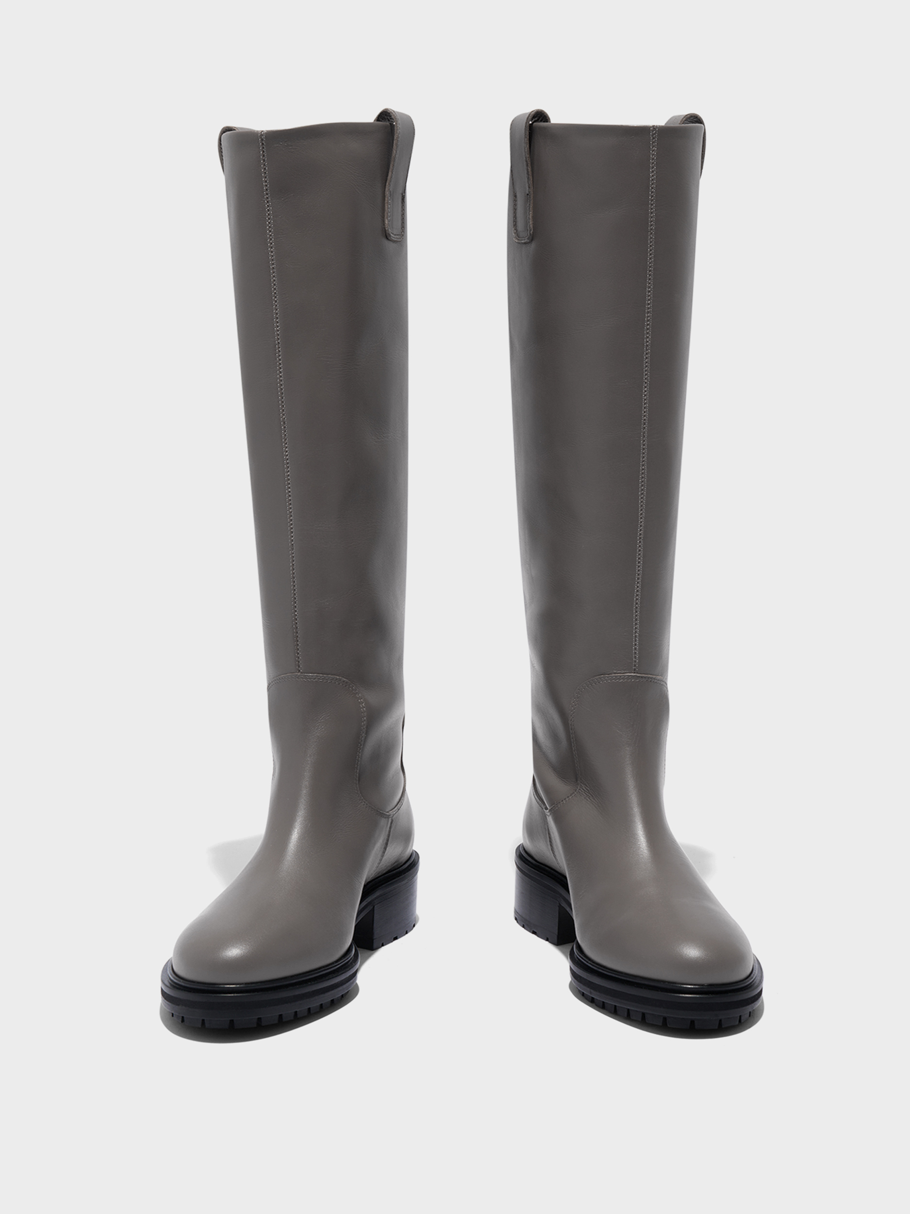 Aeyde | Henry Knee-High Boots Leather Knee High Boots for Women | Taupe Calf | Round Toe | Low Heel | Front View