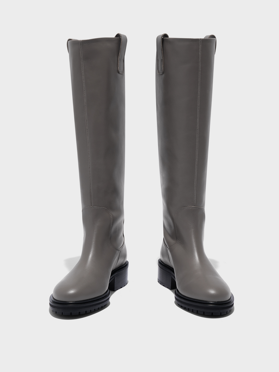 Aeyde | Henry Knee-High Boots Leather Knee High Boots for Women | Taupe Calf | Round Toe | Low Heel | Front View