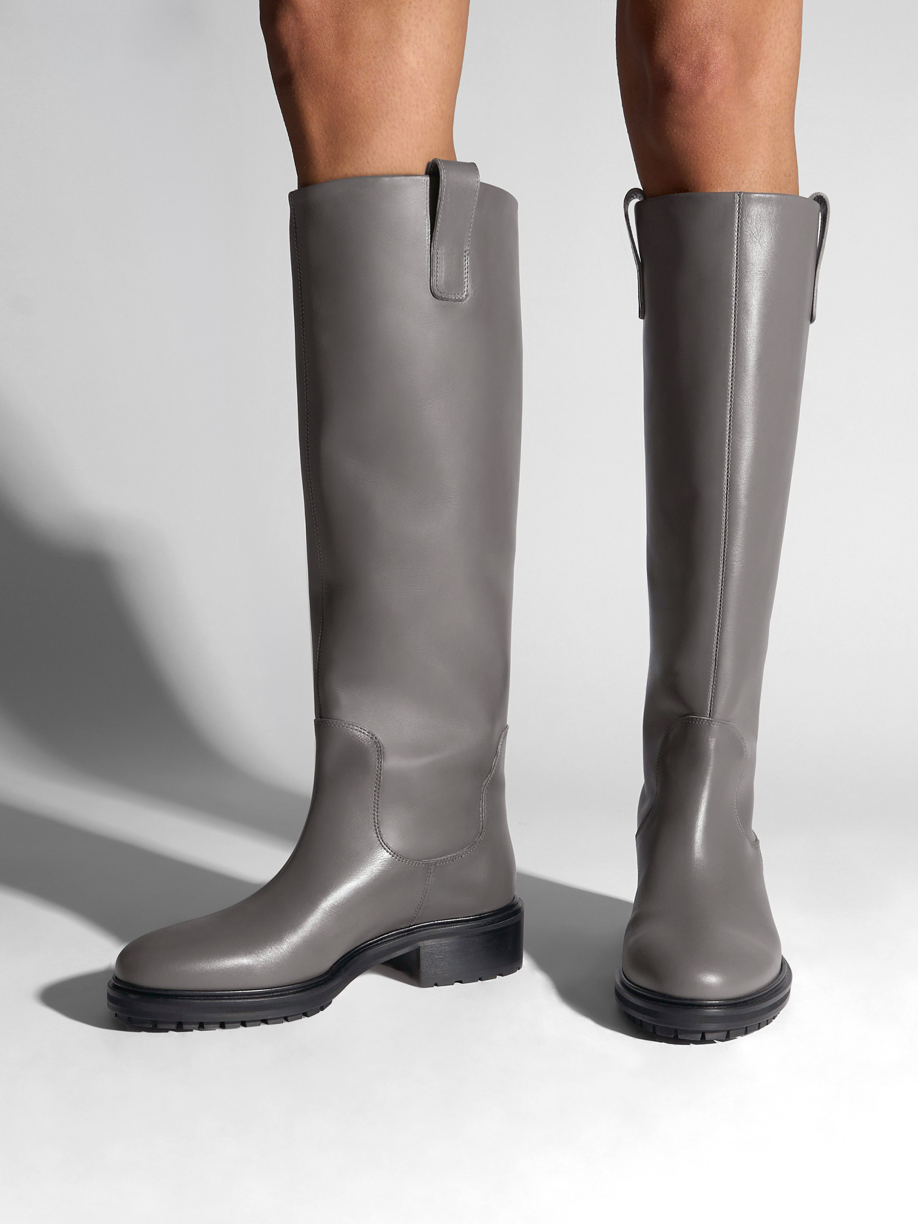 Aeyde | Henry Knee-High Boots Leather Knee High Boots for Women | Taupe Calf | Round Toe | Low Heel | On Feet