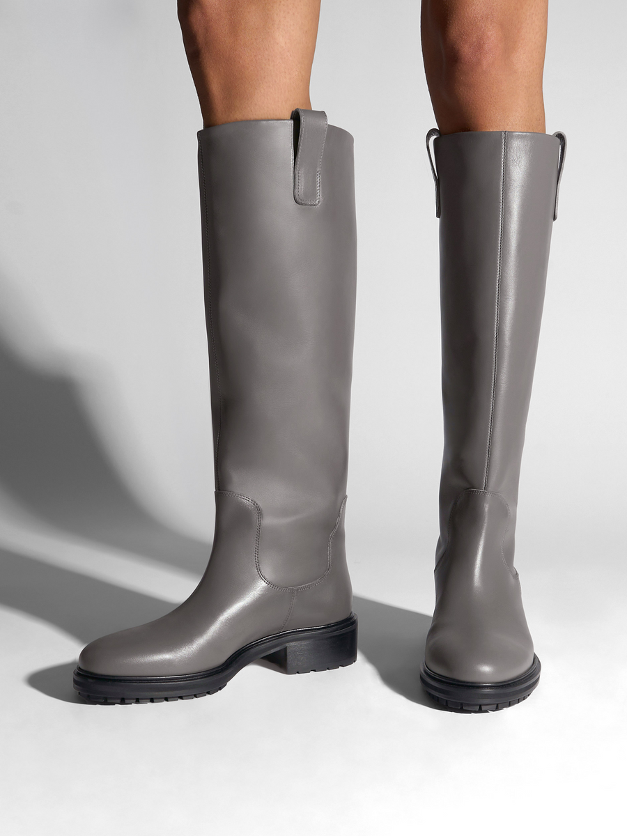 Aeyde | Henry Knee-High Boots Leather Knee High Boots for Women | Taupe Calf | Round Toe | Low Heel | On Feet