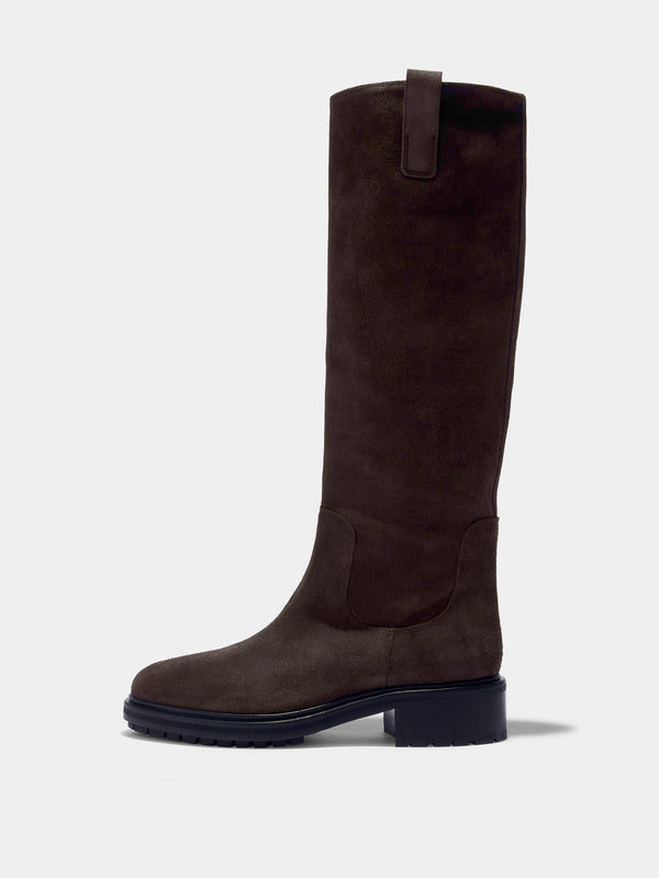 Aeyde | Henry Knee-High Boots Leather Knee High Boots for Women | Moka Suede | Round Toe | Low Heel | Side View