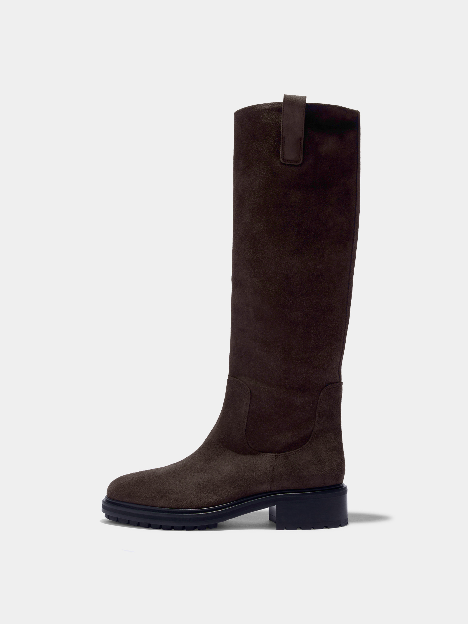 Aeyde | Henry Knee-High Boots Leather Knee High Boots for Women | Moka Suede | Round Toe | Low Heel | Side View