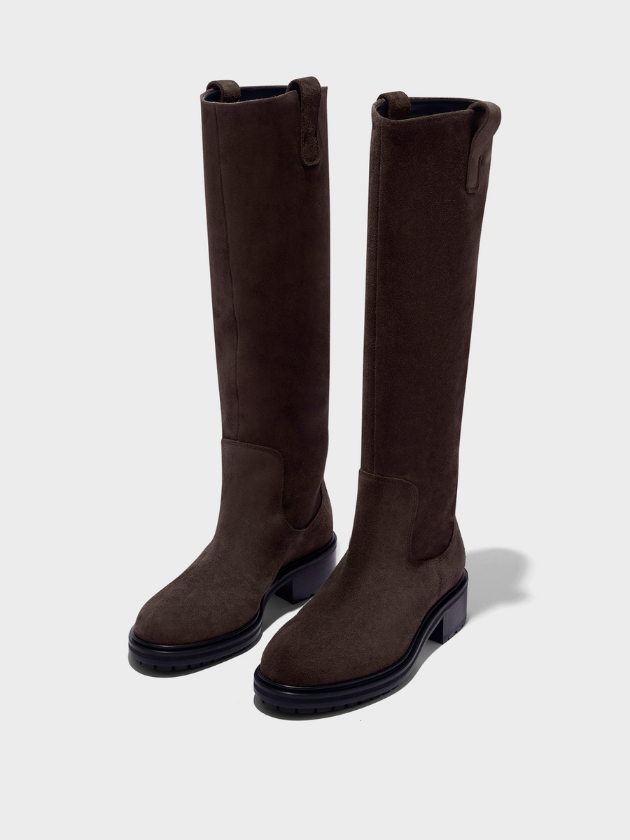 Aeyde | Henry Knee-High Boots Leather Knee High Boots for Women | Moka Suede | Round Toe | Low Heel | Luxury Materials | Handmade in Italy