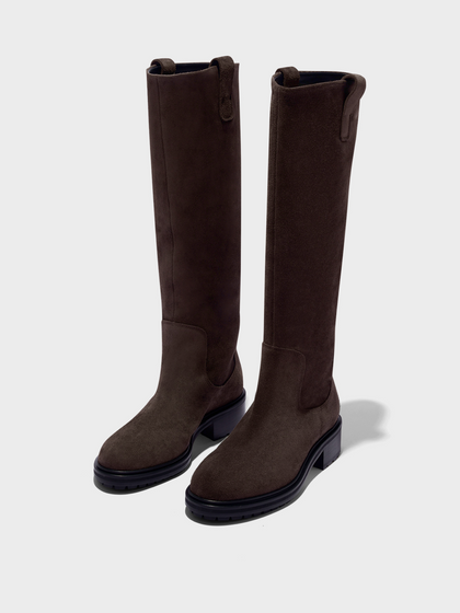Aeyde | Henry Knee-High Boots Leather Knee High Boots for Women | Moka Suede | Round Toe | Low Heel | Luxury Materials | Handmade in Italy