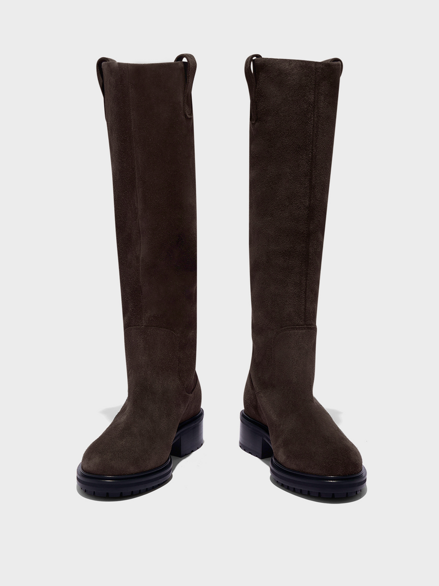 Aeyde | Henry Knee-High Boots Leather Knee High Boots for Women | Moka Suede | Round Toe | Low Heel | Front View
