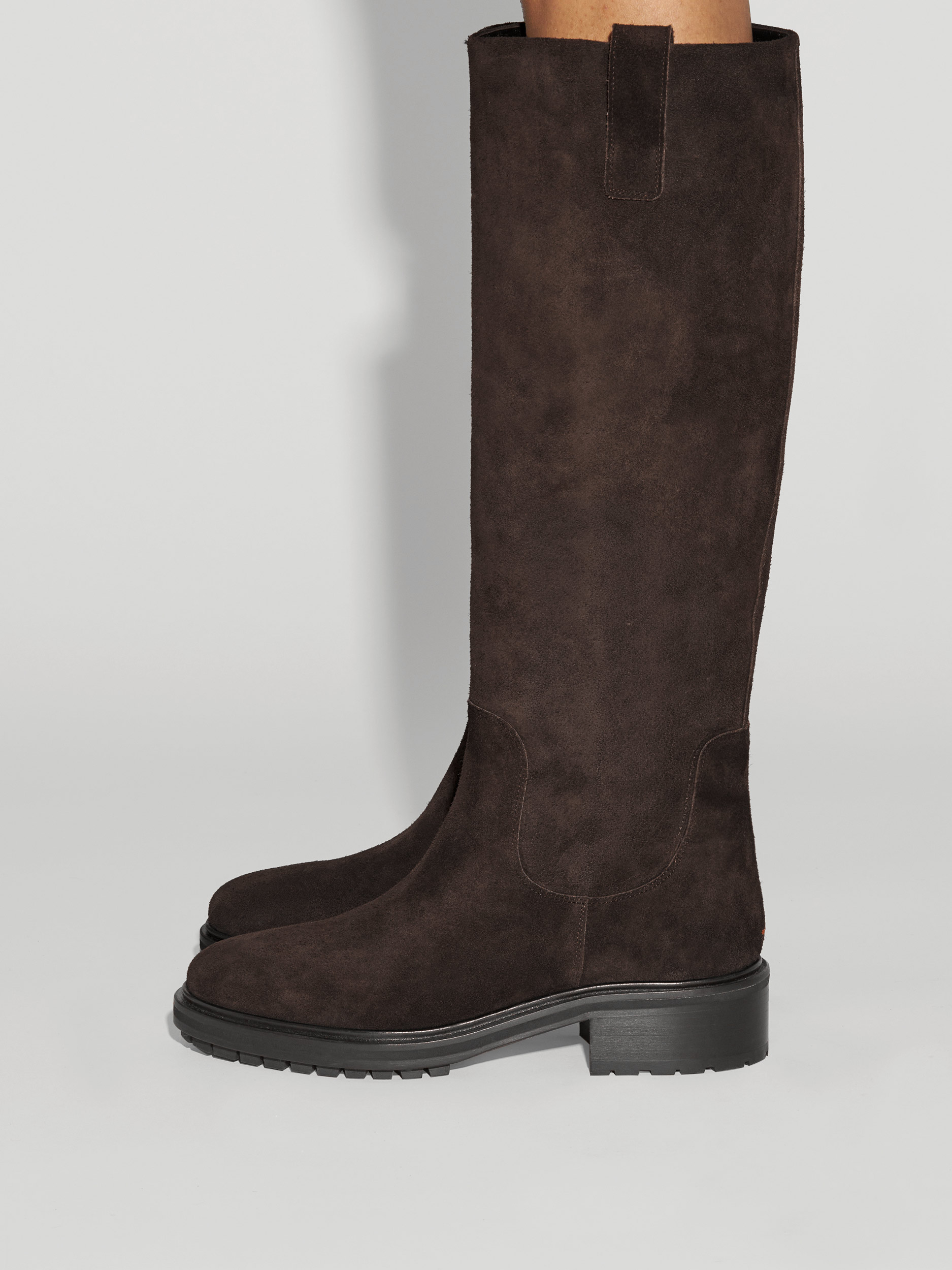 Aeyde | Henry Knee-High Boots Leather Knee High Boots for Women | Moka Suede | Round Toe | Low Heel | How to Style