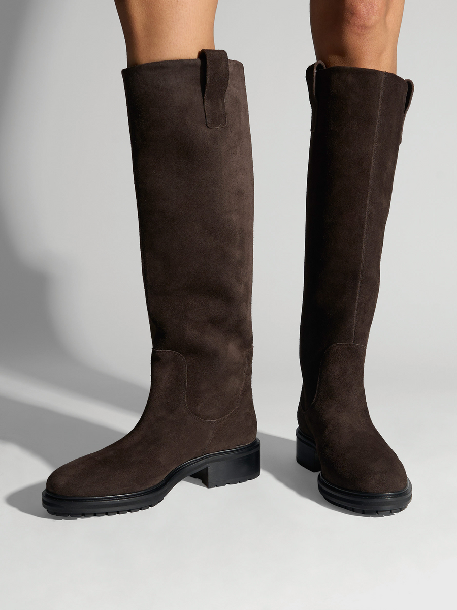 Aeyde | Henry Knee-High Boots Leather Knee High Boots for Women | Moka Suede | Round Toe | Low Heel | On Feet