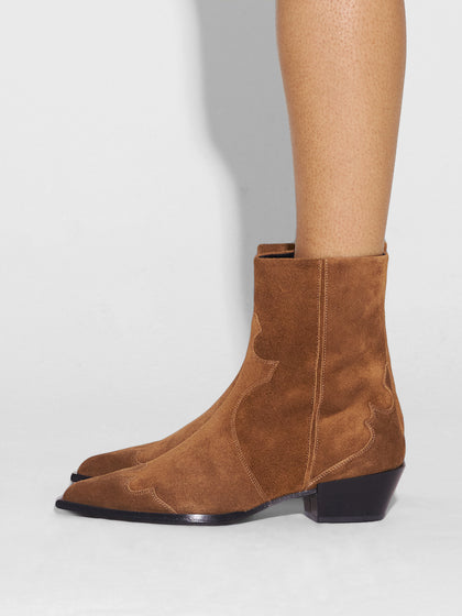 Aeyde | Hester Leather Ankle Boots for Women | Tobacco Suede | Pointed Toe | Low Heel | How to Style