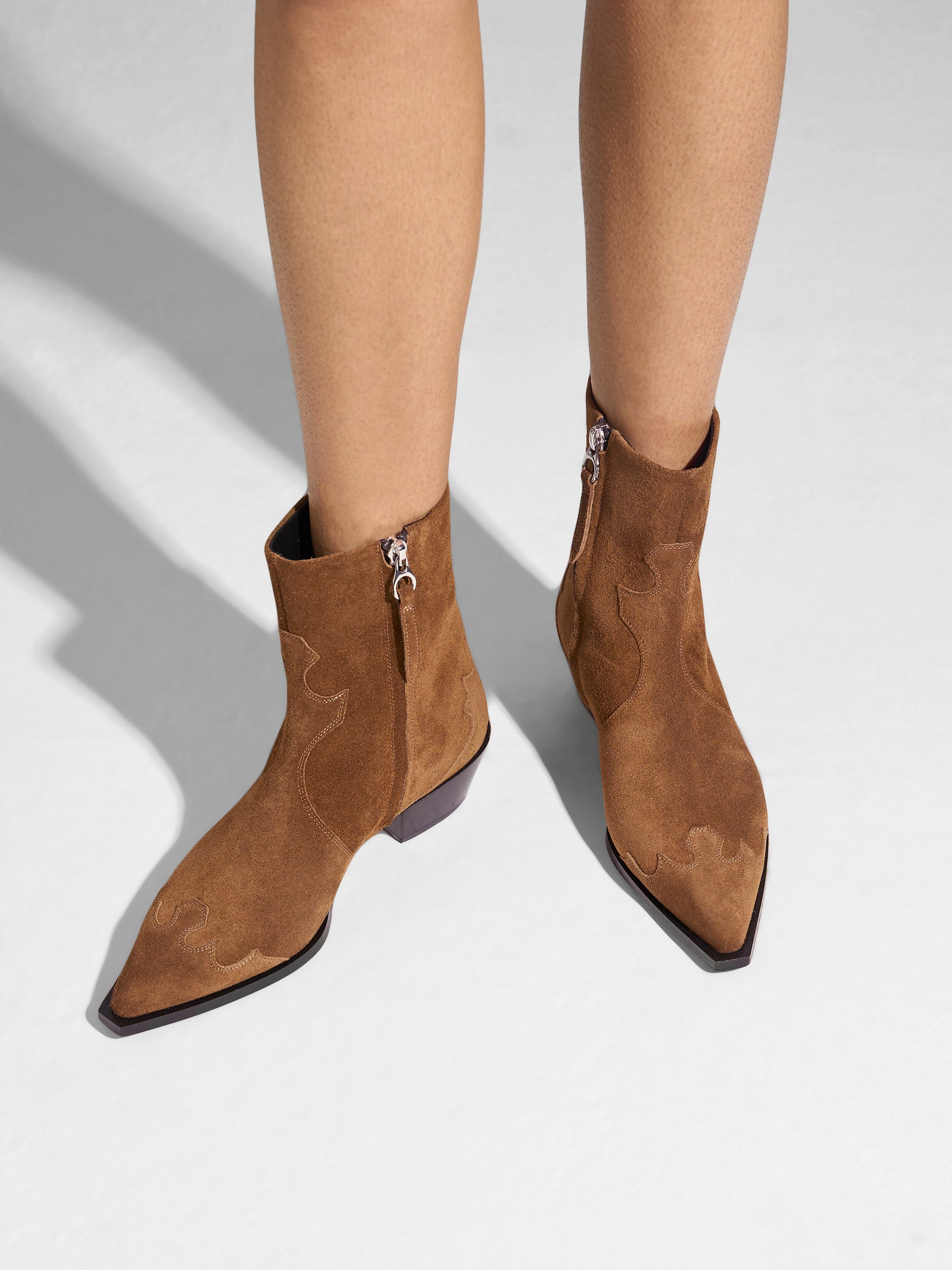 Aeyde | Hester Leather Ankle Boots for Women | Tobacco Suede | Pointed Toe | Low Heel | On Feet