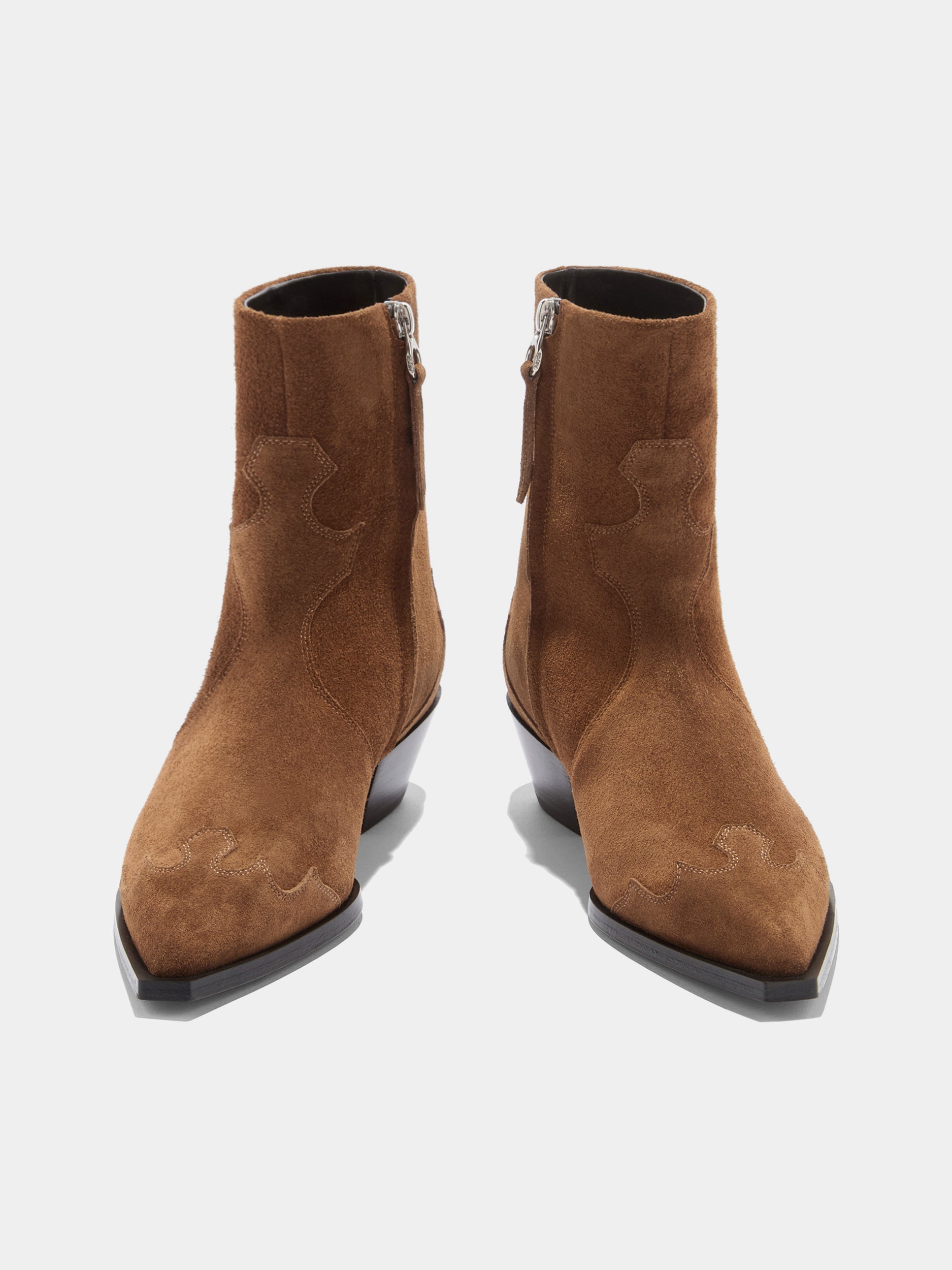 Aeyde | Hester Leather Ankle Boots for Women | Tobacco Suede | Pointed Toe | Low Heel | Front View