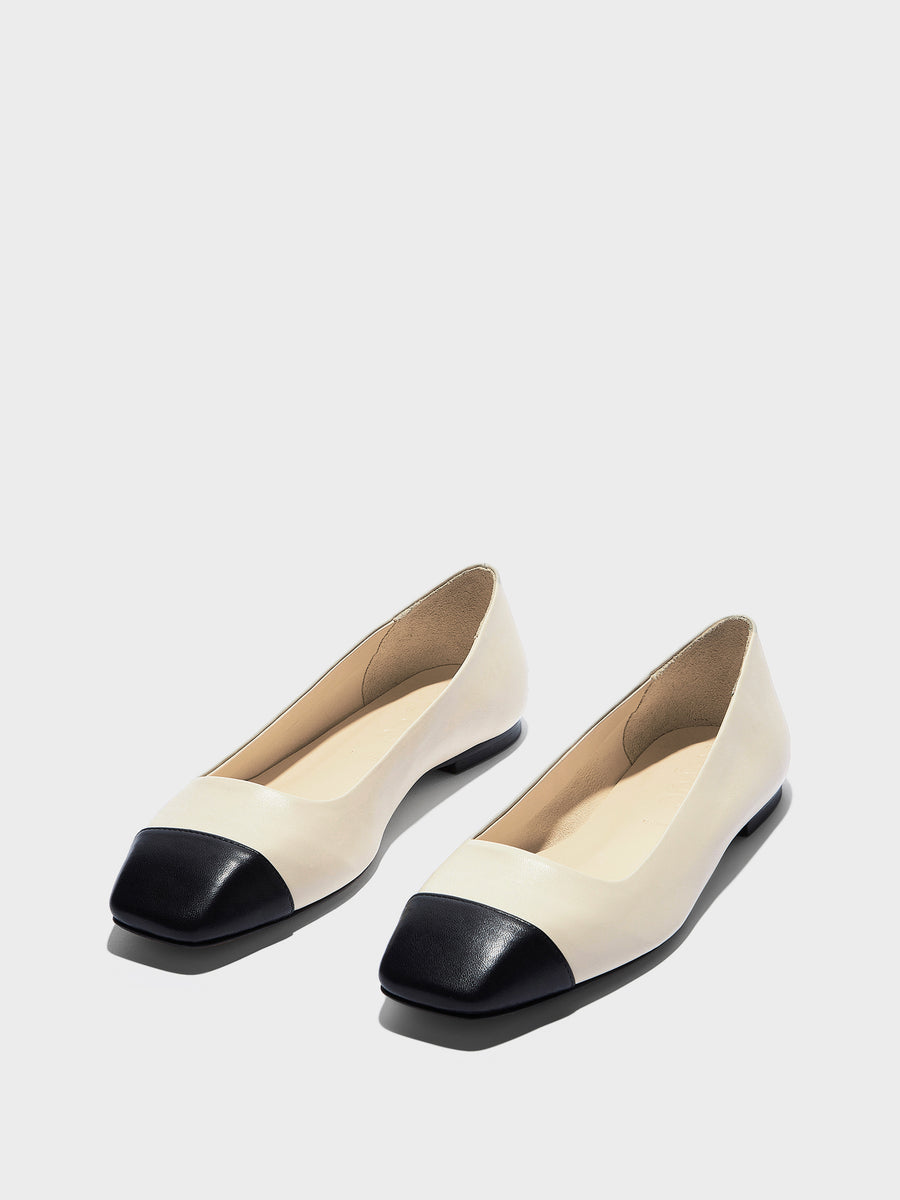 Aeyde | Ida Leather Flats for Women | Creamy/Black Nappa | Square Toe | Flat Heel | Luxury Materials | Handmade in Italy