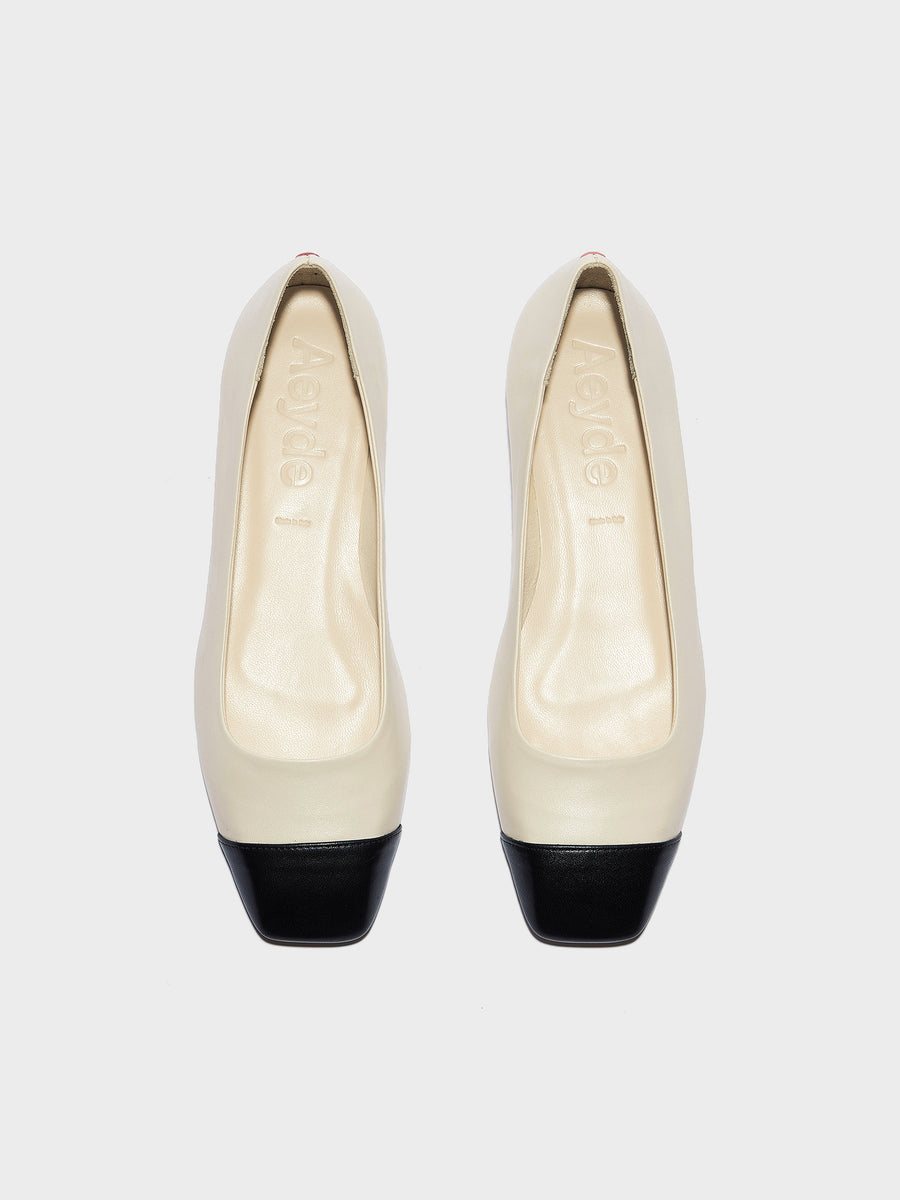 Aeyde | Ida Leather Flats for Women | Creamy/Black Nappa | Square Toe | Flat Heel | Front View