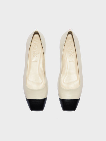 Aeyde | Ida Leather Flats for Women | Creamy/Black Nappa | Square Toe | Flat Heel | Front View