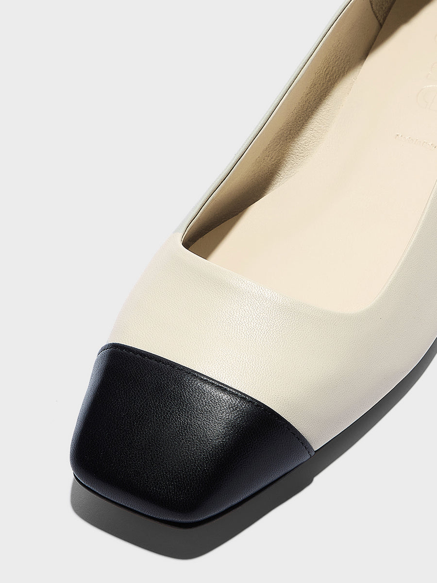 Aeyde | Ida Leather Flats for Women | Creamy/Black Nappa | Square Toe | Flat Heel | Heel Details