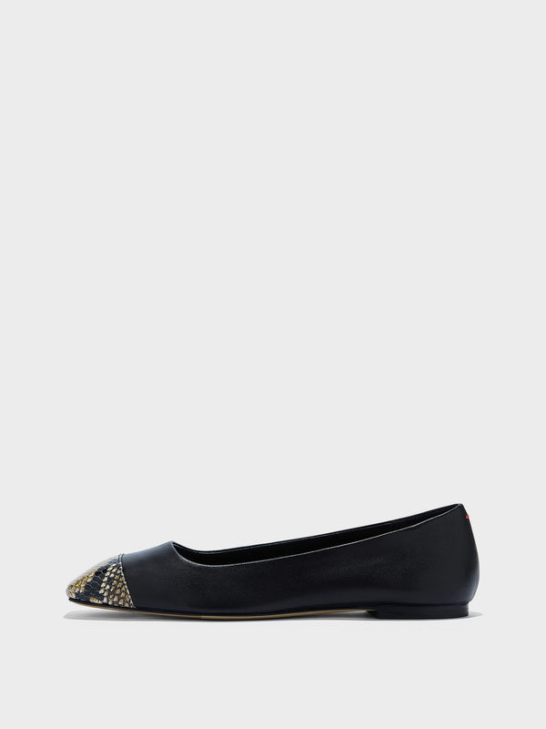 Aeyde | Ida Leather Flats for Women | Black/Hazelnut Nappa/Snake | Square Toe | Flat Heel | Side View