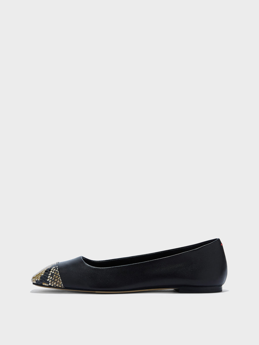 Aeyde | Ida Leather Flats for Women | Black/Hazelnut Nappa/Snake | Square Toe | Flat Heel | Side View