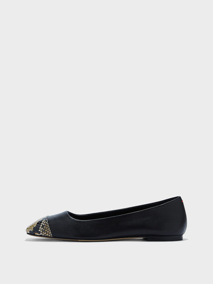 Aeyde | Ida Leather Flats for Women | Black/Hazelnut Nappa/Snake | Square Toe | Flat Heel | Side View