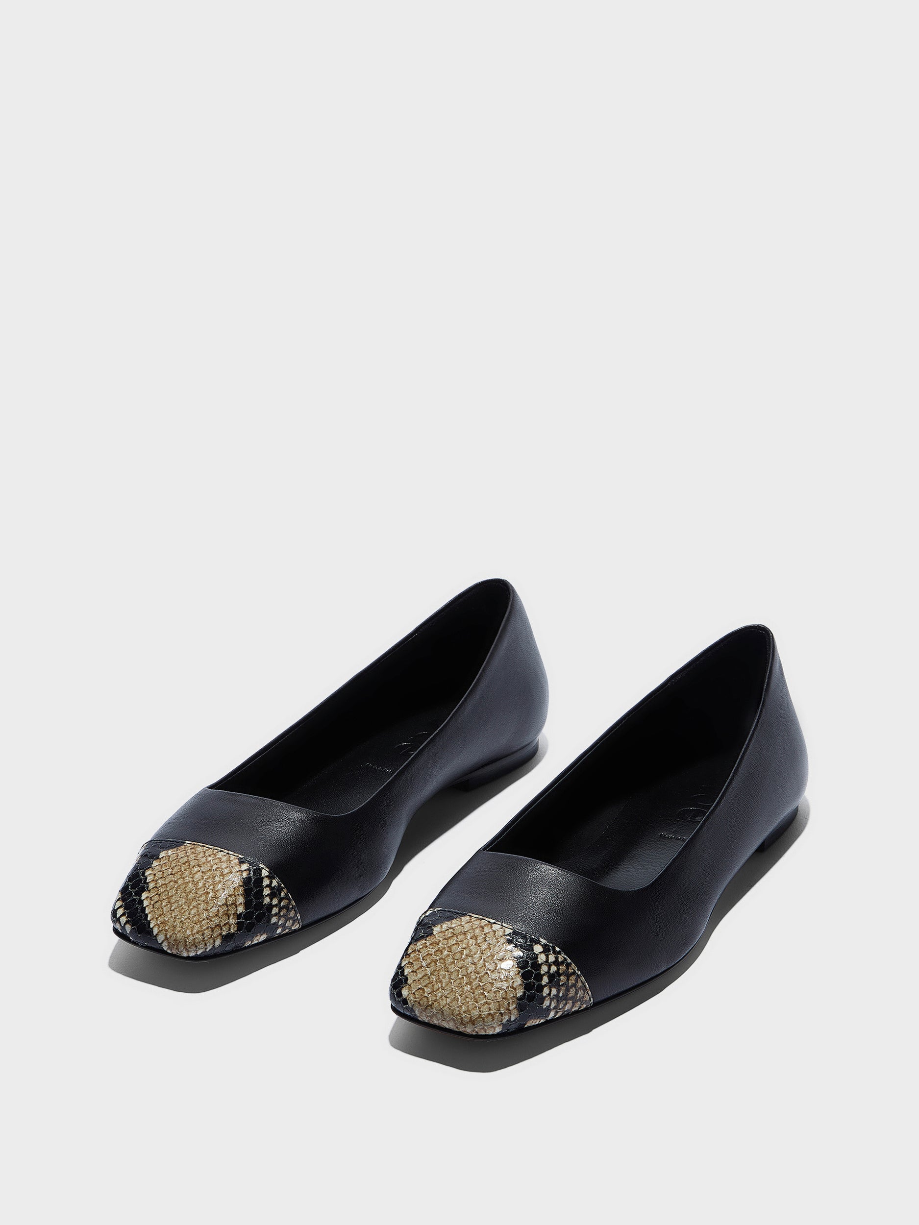 Aeyde | Ida Leather Flats for Women | Black/Hazelnut Nappa/Snake | Square Toe | Flat Heel | Luxury Materials | Handmade in Italy