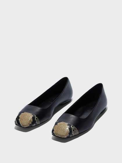 Aeyde | Ida Leather Flats for Women | Black/Hazelnut Nappa/Snake | Square Toe | Flat Heel | Luxury Materials | Handmade in Italy